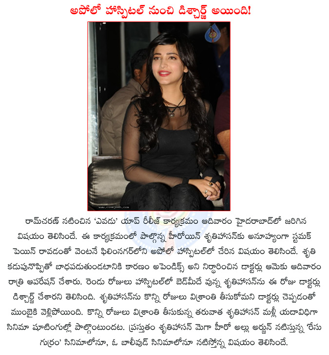 shruti hassan,shruti hassan is discharged,apollo hospital,yevadu app release,yevadu,ram charan,race gurram,allu arjun,dil raju,vami paidipally,shruti hassan is discharged from apollo hospital,gabbar,  shruti hassan, shruti hassan is discharged, apollo hospital, yevadu app release, yevadu, ram charan, race gurram, allu arjun, dil raju, vami paidipally, shruti hassan is discharged from apollo hospital, gabbar, 